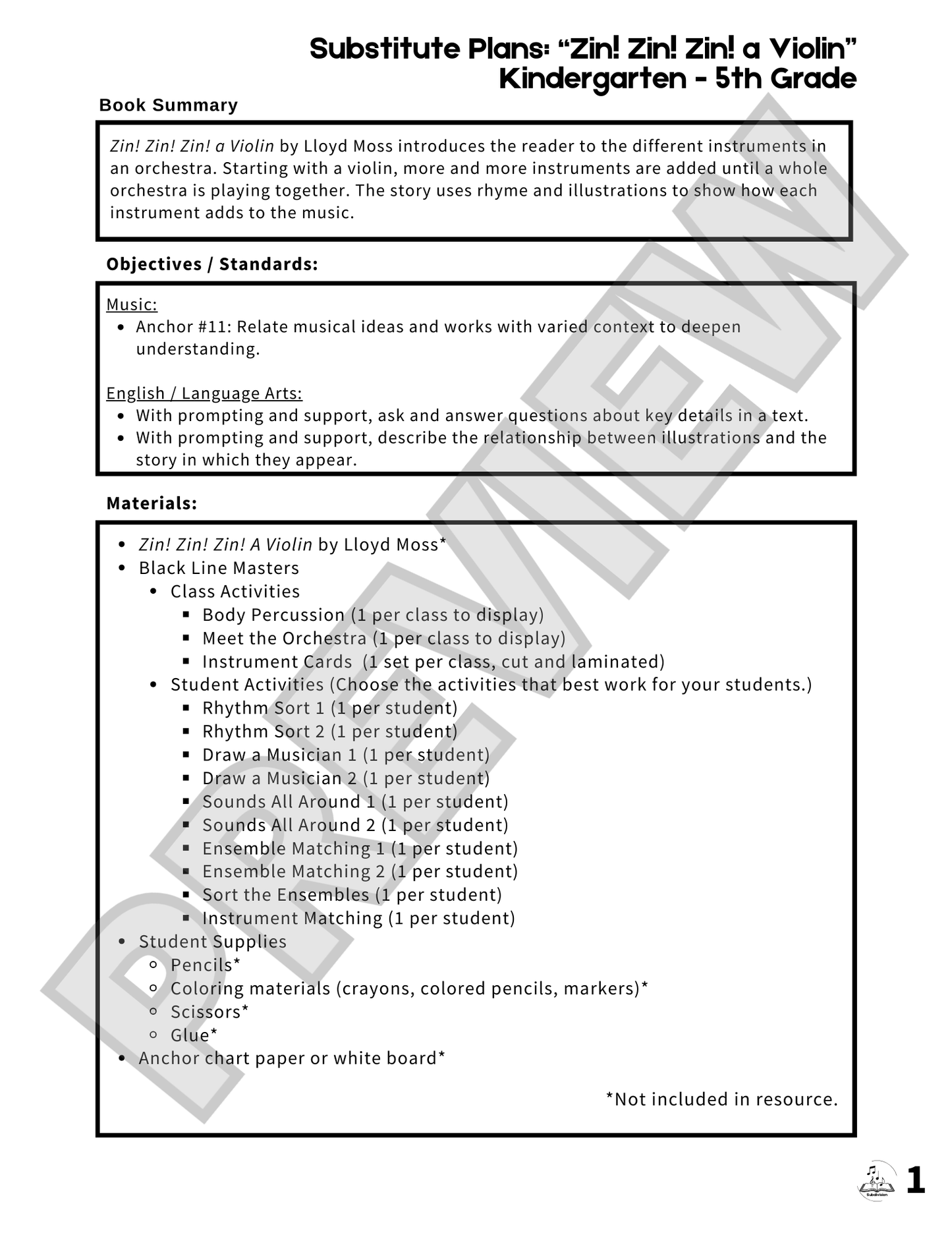 "Zin! Zin! Zin! A Violin" Substitute Manual